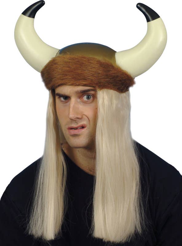 Image of Fur Trim Viking Helmet with Horns and Blonde Hair