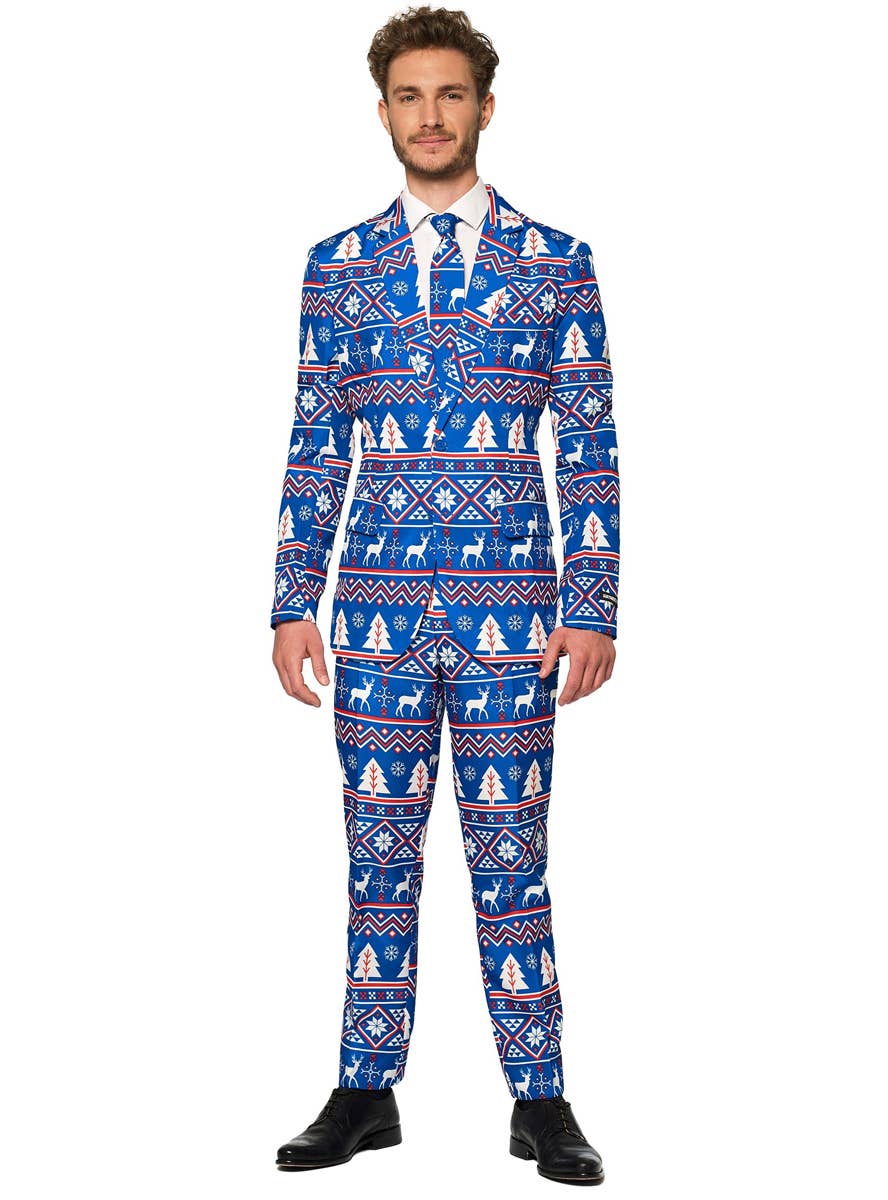 Blue Nordic Christmas Suit For Men - Front Image