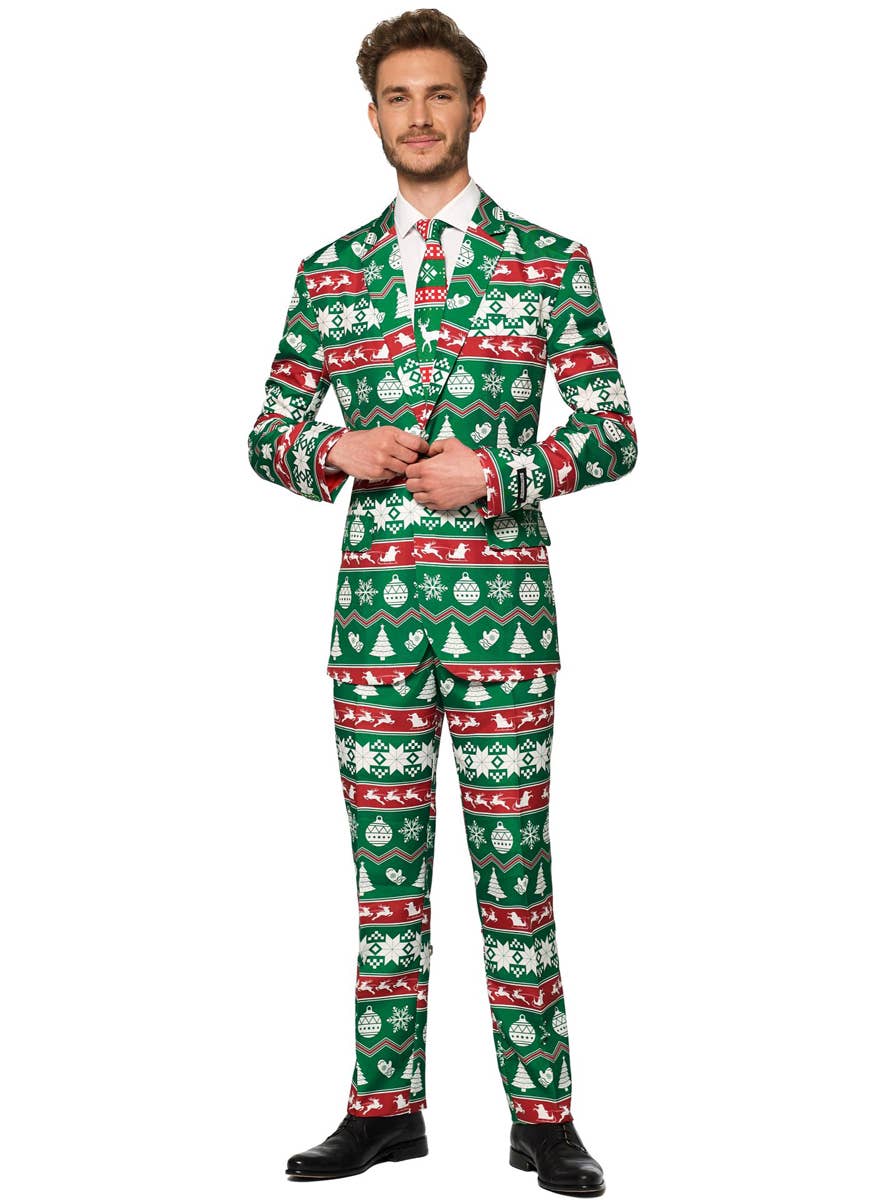 Green Nordic Christmas Suit For Men - Front Image