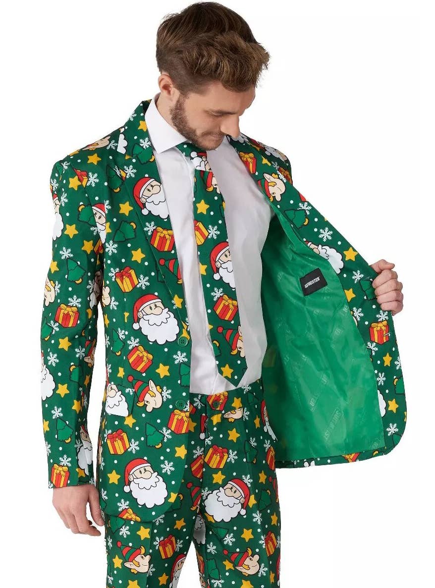 Green Santa and Elves Christmas Suit for Men - Close Image