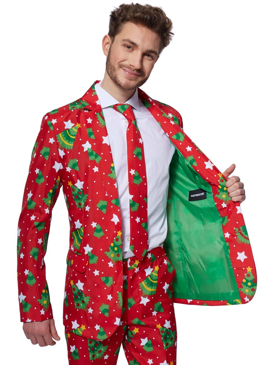 Red Christmas Trees and Stars Costume Suit for Men - Close Image