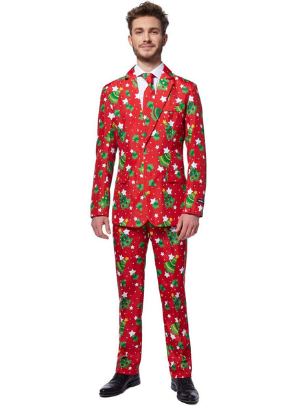 Red Christmas Trees and Stars Costume Suit for Men - Front Image