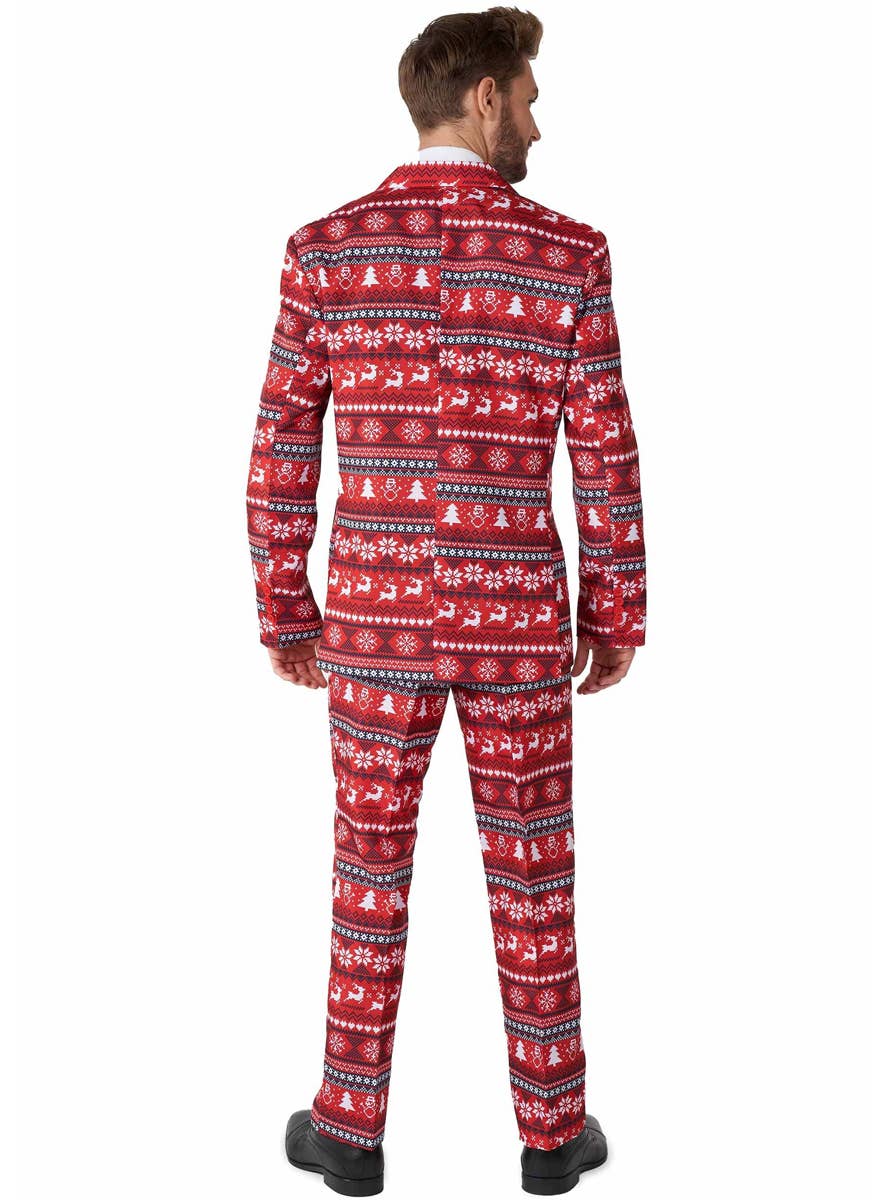 Red Nordic Pixel Print Christmas Suit for Men - Back Image