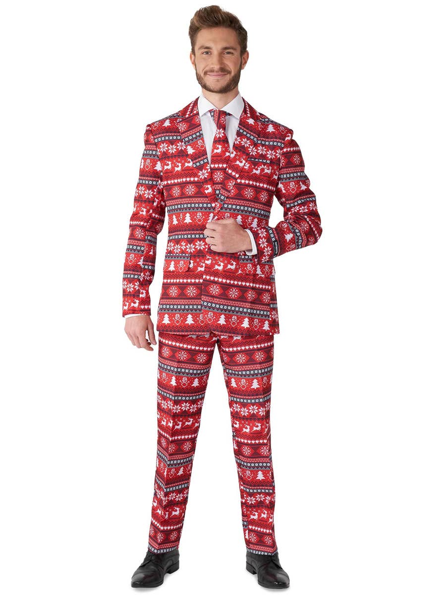 Red Nordic Pixel Print Christmas Suit for Men - Front Image