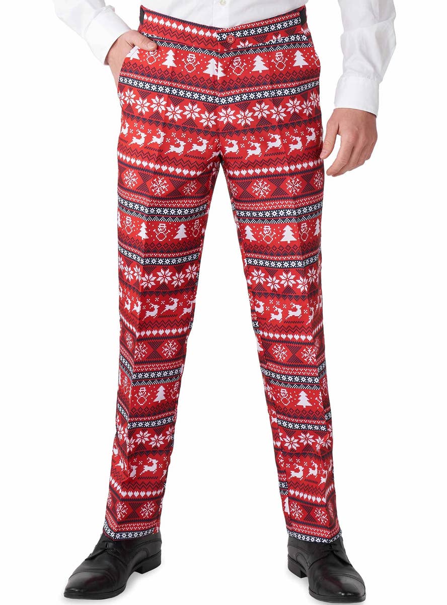 Red Nordic Pixel Print Christmas Suit for Men - Close Image 2