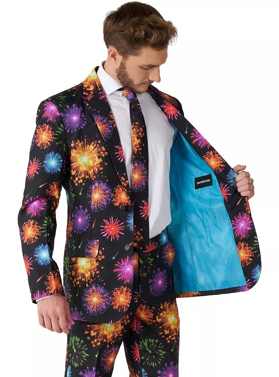 Men's Black Suit with Colourful Fireworks Print - Close Image