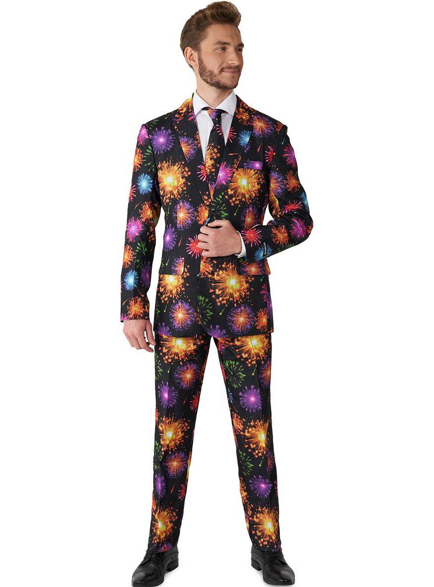 Men's Black Suit with Colourful Fireworks Print - Front Image