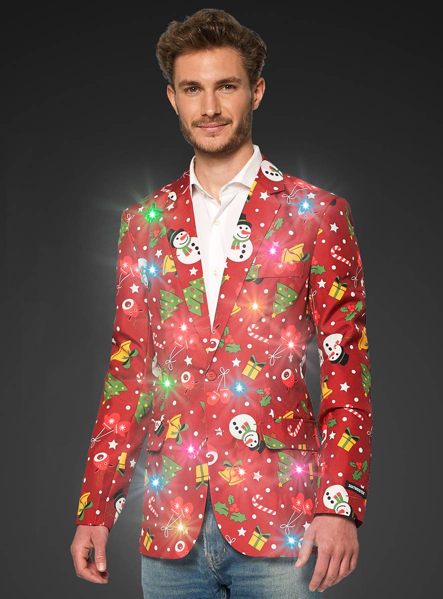 Men's Red Christmas Print Jacket With Lights - Alternate Image