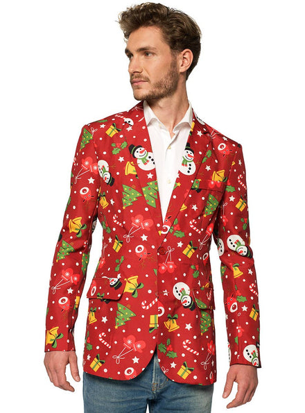 Men's Red Christmas Print Jacket With Lights - Front Image