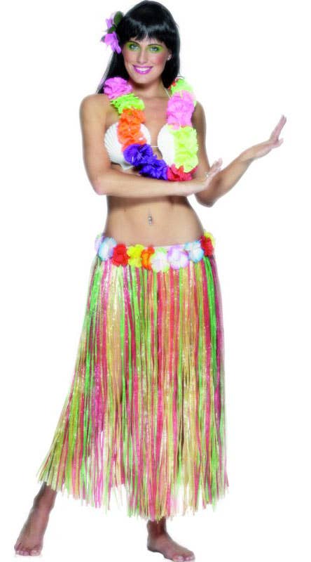 Long Multicoloured Hawaiian Costume Hula Skirt for Women - Alternative View