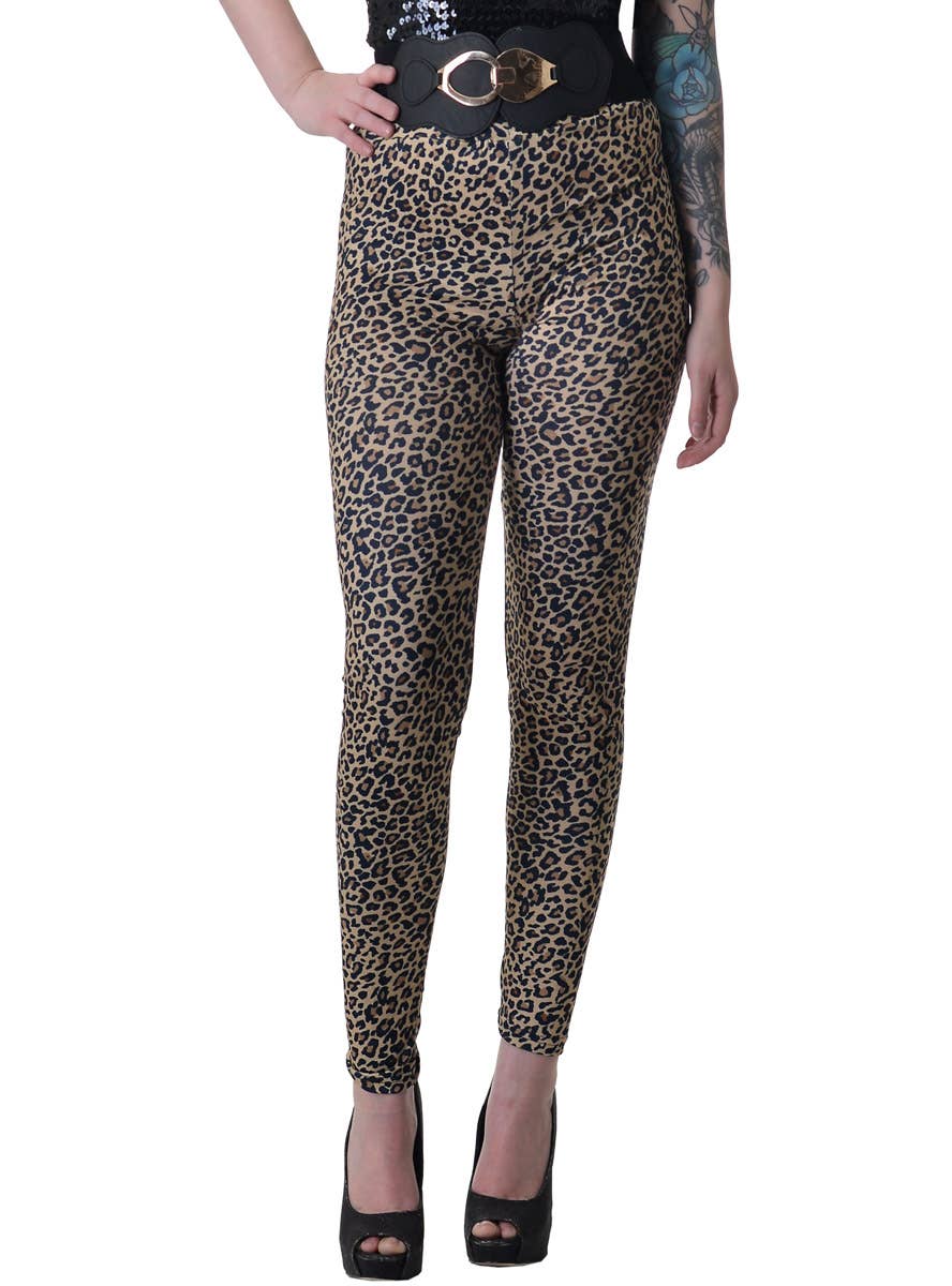 Image of Soft Stretch Leopard Print Women's 80's Costume Leggings - Close View