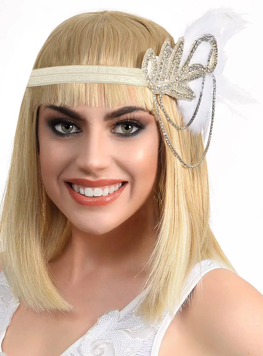 Great Gatsby Silver Rhinestone Headband with White Feathers