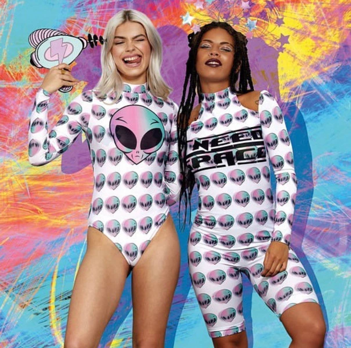 Womens Long Sleeve Alien Print Unitard Costume - Lifestyle Image