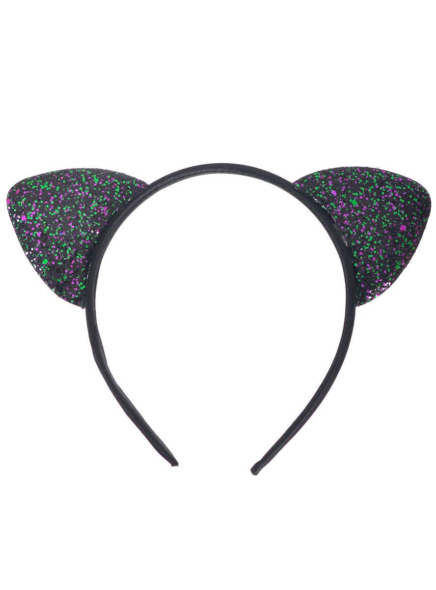 Image of Glittery Black Green and Purple Cat Ears Costume Headband