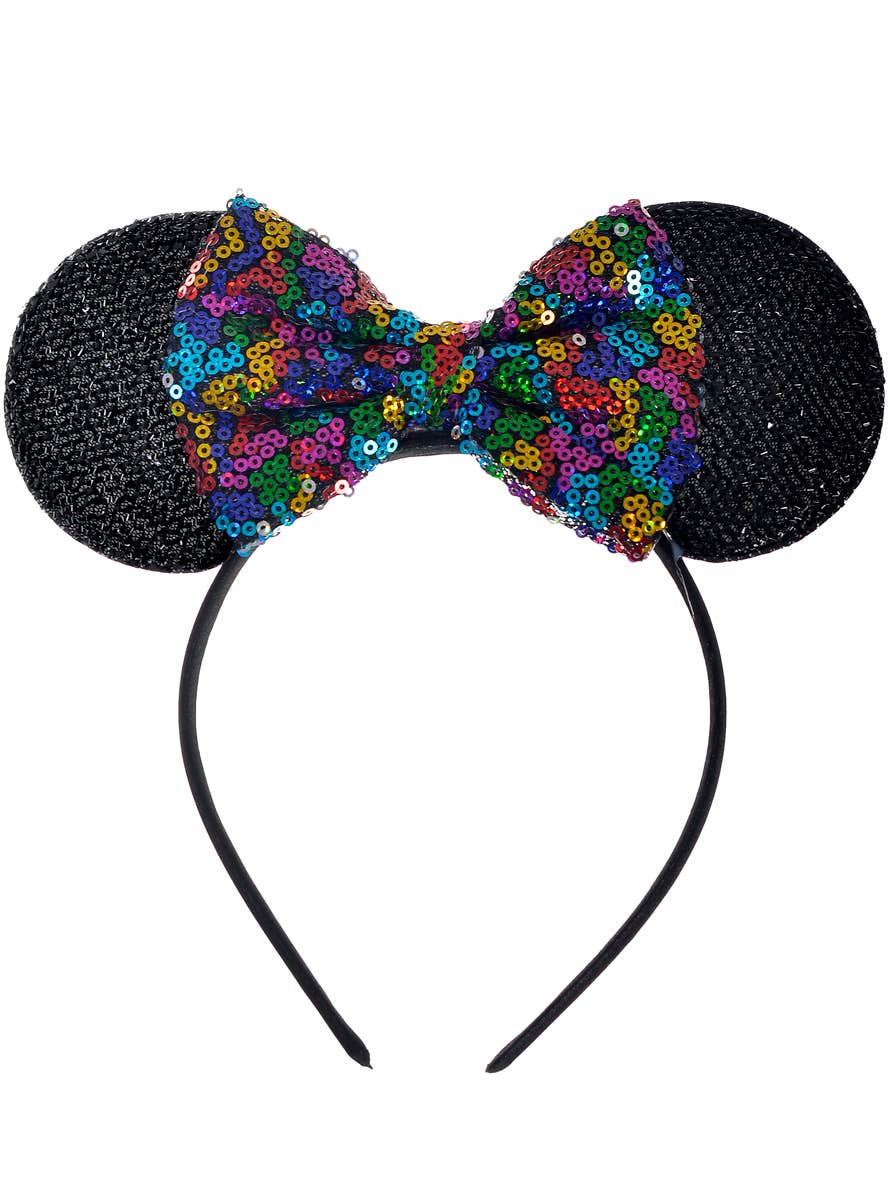 Image of Minnie Mouse Ears with Rainbow Sequin Bow Headband - Main Image