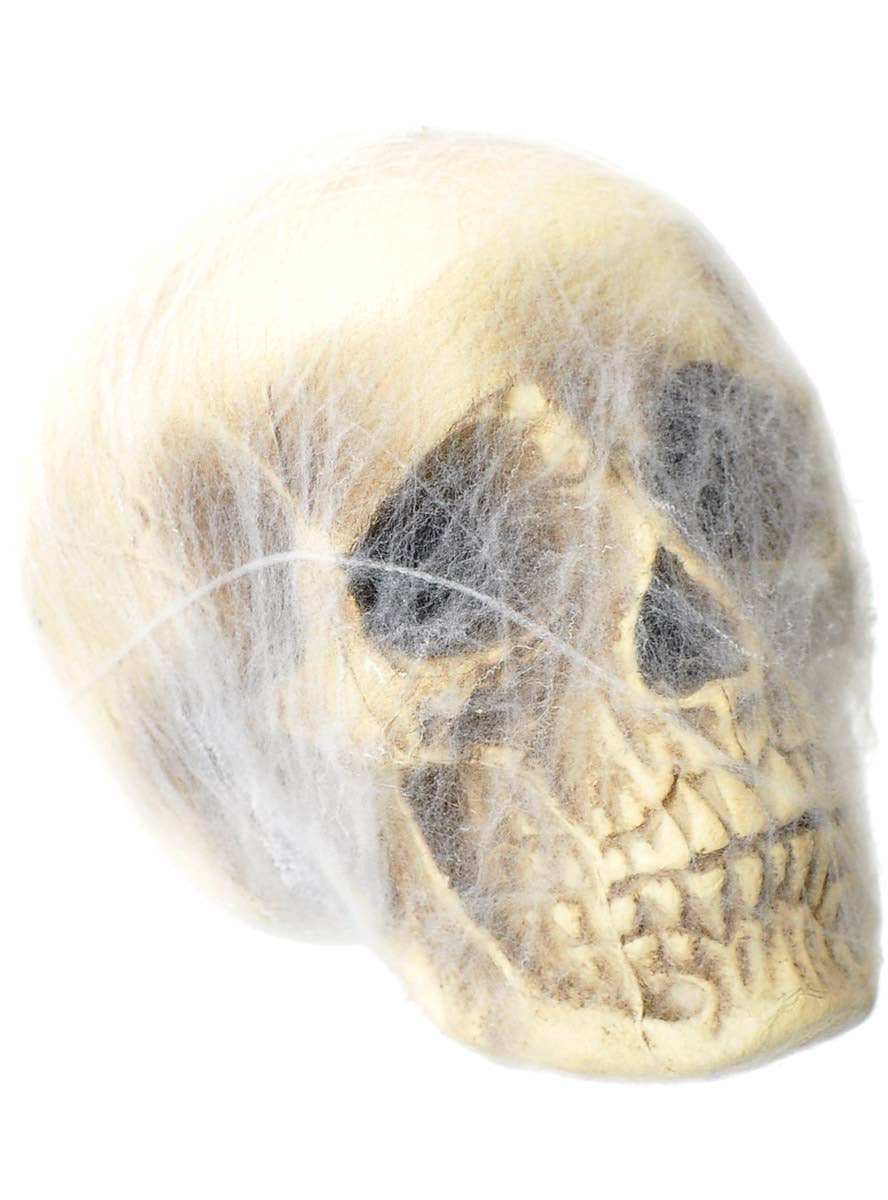 Image of Web Covered 16cm Foam Skull Halloween Decoration - Alternate Image