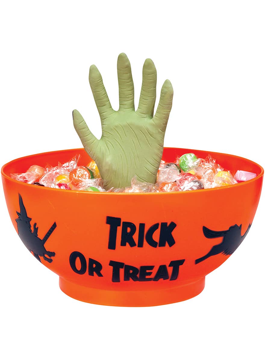 Animated Green Witch Hand Trick or Treat Bowl Halloween Decoration