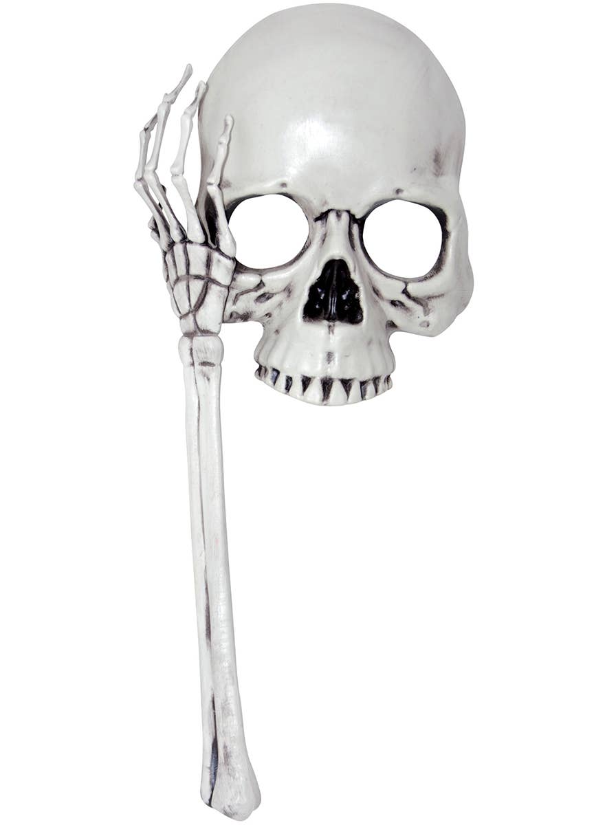 White Plastic Skeleton Half Face Costume Mask with Bone Handle