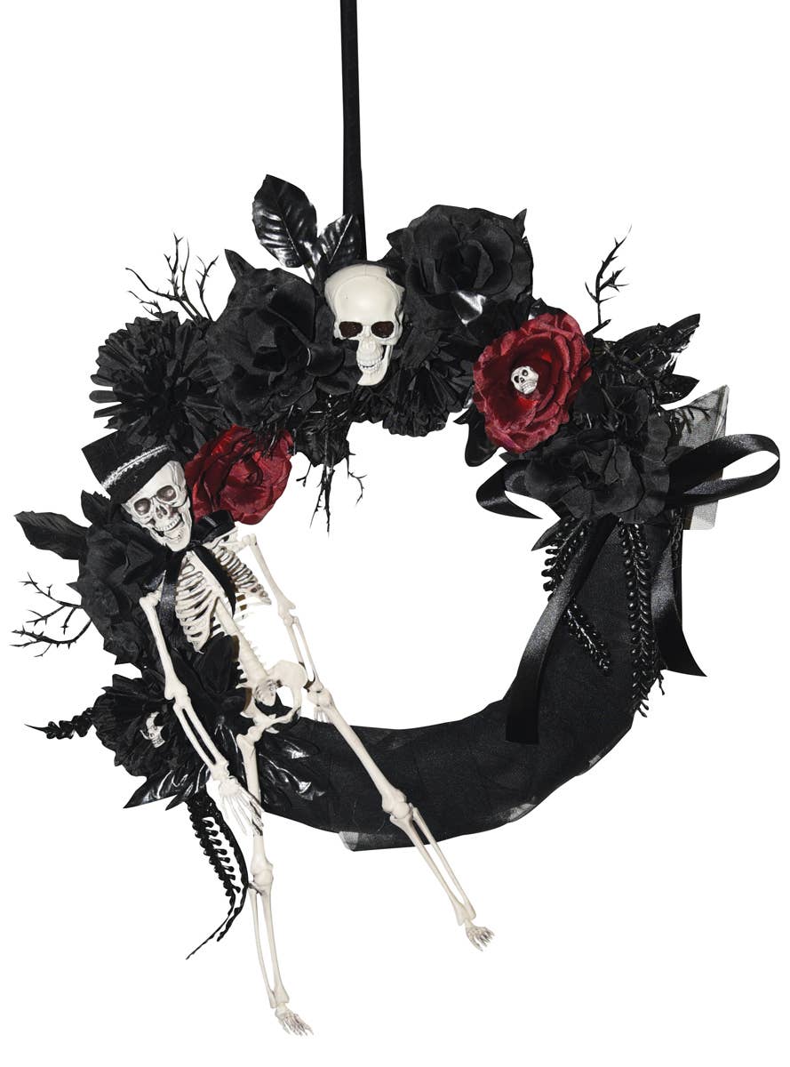 Black and Red Floral Skeleton Halloween Wreath