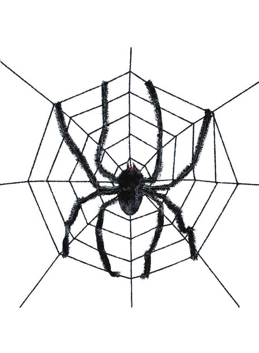 Black Spiderweb and Hanging Hairy Spider Halloween Decoration