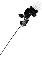Black Single Stem Rose Skeleton Hand Halloween Accessory - Main Image