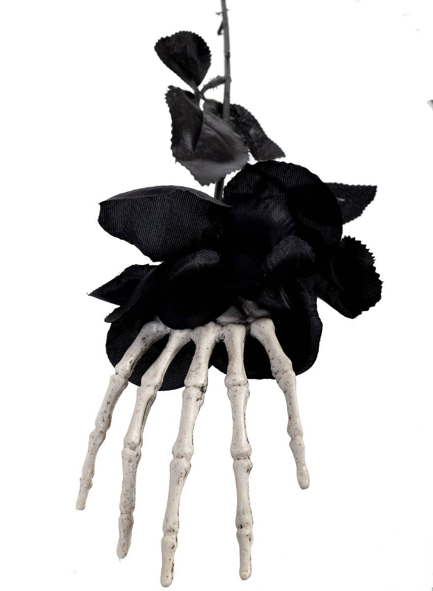 Black Single Stem Rose Skeleton Hand Halloween Accessory - Close Image