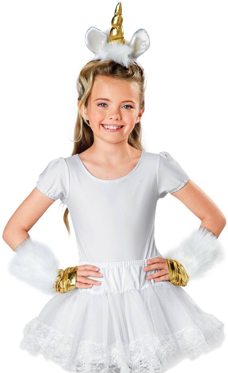 Gold Unicorn Horn and white Furry Wristlets Kids Costume Accessory Main Image