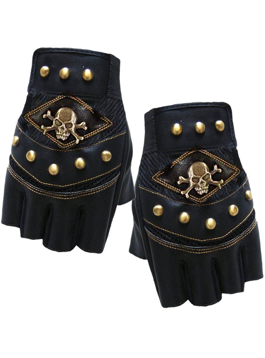 Studded Black Pirate Skull Fingerless Costume Gloves for Adults