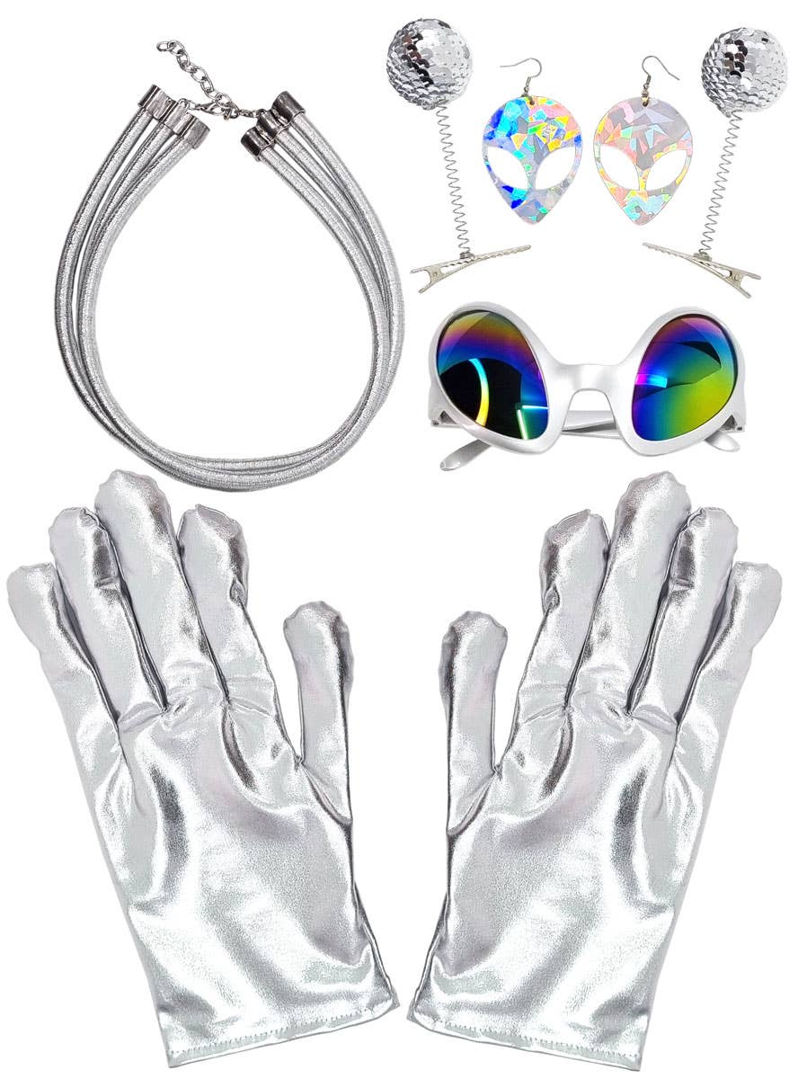 Silver Space Alien Accessory Set with Gloves Glasses Necklace Earrings and Headpiece - Main Image