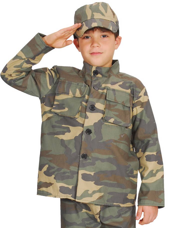 Boy's Army Solider Camouflage Military Uniform Fancy Dress Costume - Close Image