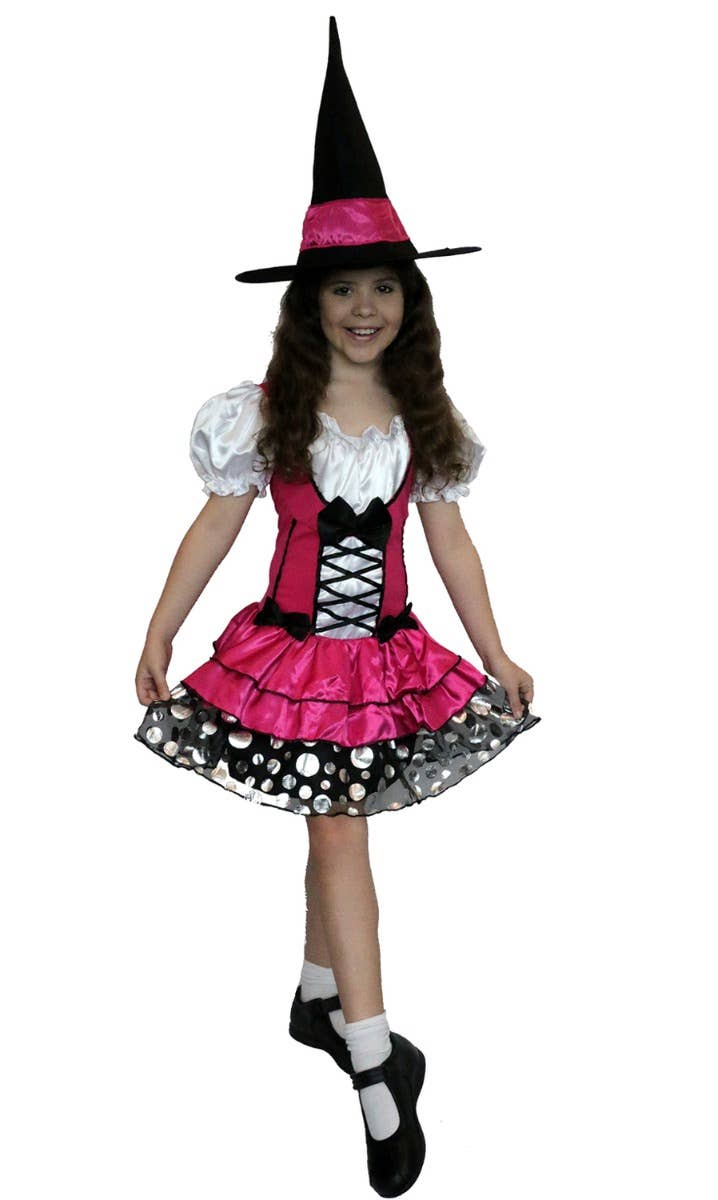 Girls Pretty Pink Witch Halloween Fancy Dress Costume Main Image
