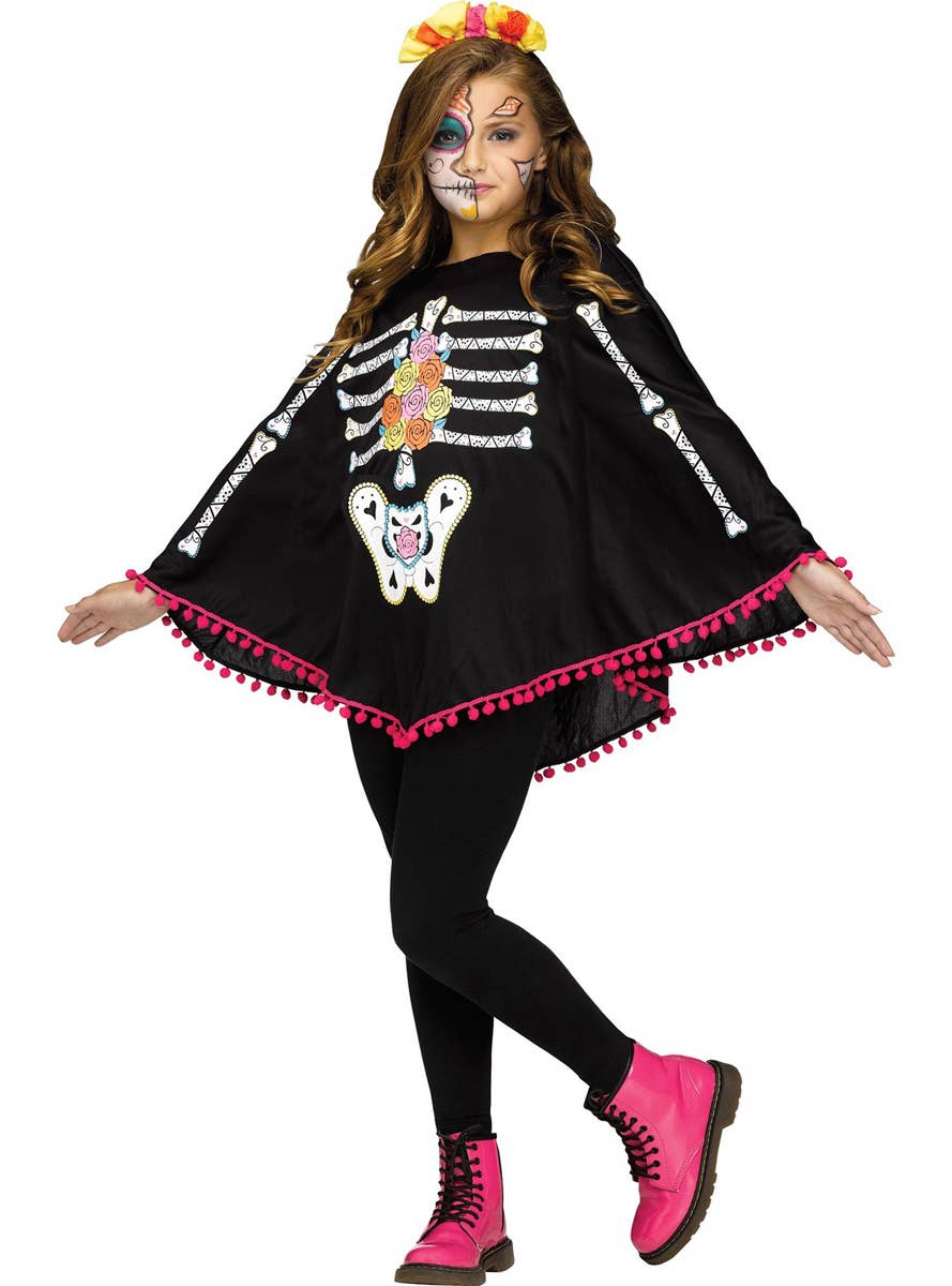 Girl's Day of the Dead Skeleton Print Costume Poncho