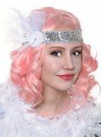 Women's Silver and White Flapper Heaband with Sequins and Feathers