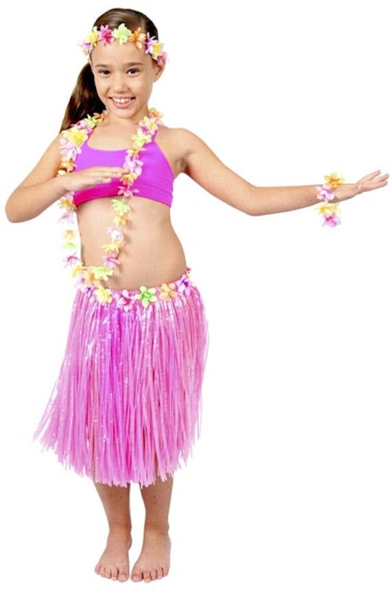 Pink Hawaiian Girl's Grass Skirt and Lei Costume Kit