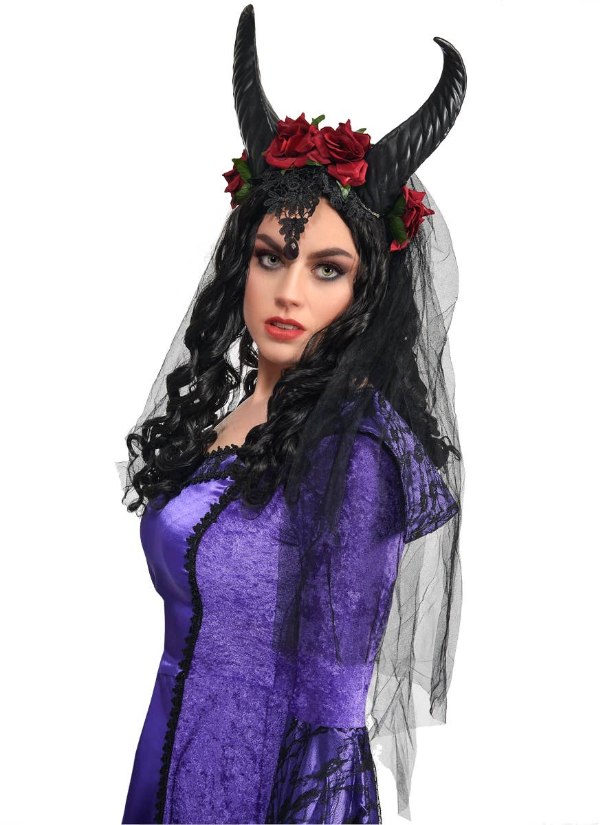 Lacy Black Devil Horns Headband with Red Roses and Veil - Aternative Full View