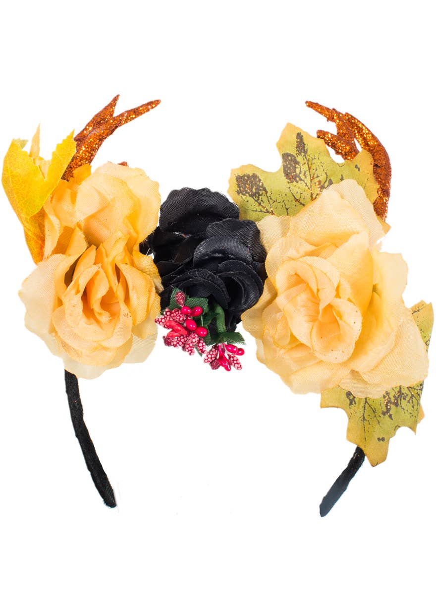 Glittery Floral Costume Headband with Deer Antlers - Main Image