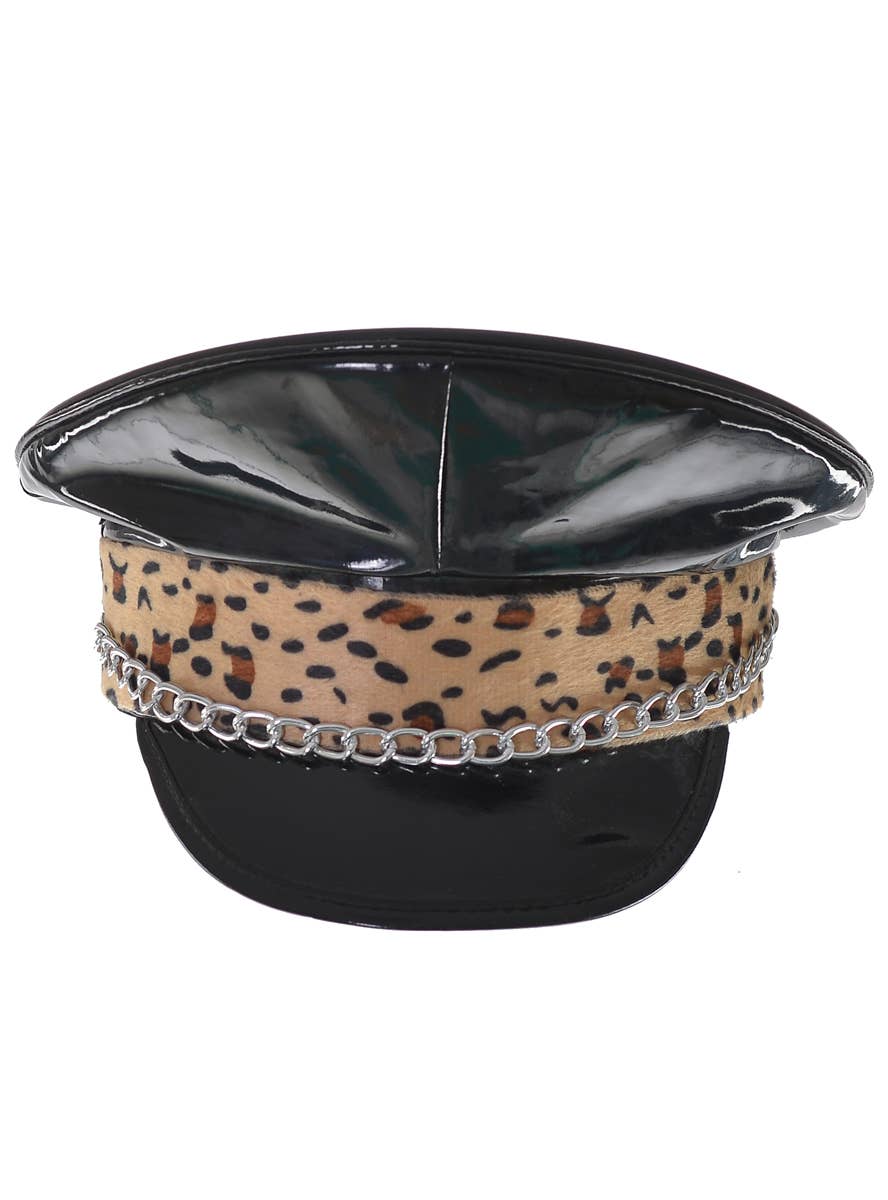 Faux Black Leather and Leopard Print Festival Cap