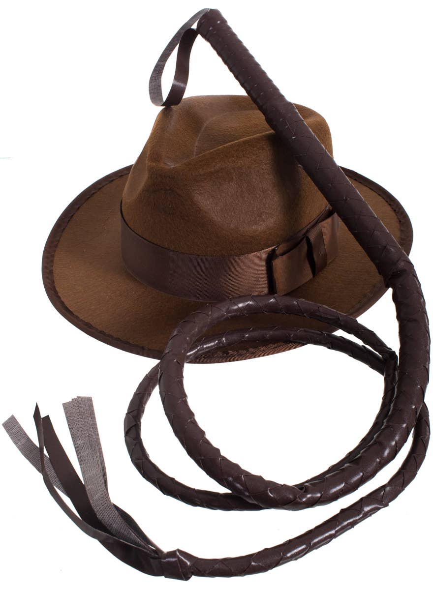 Brown Indiana Jones Style Costume Hat and Whip Set - Main Image