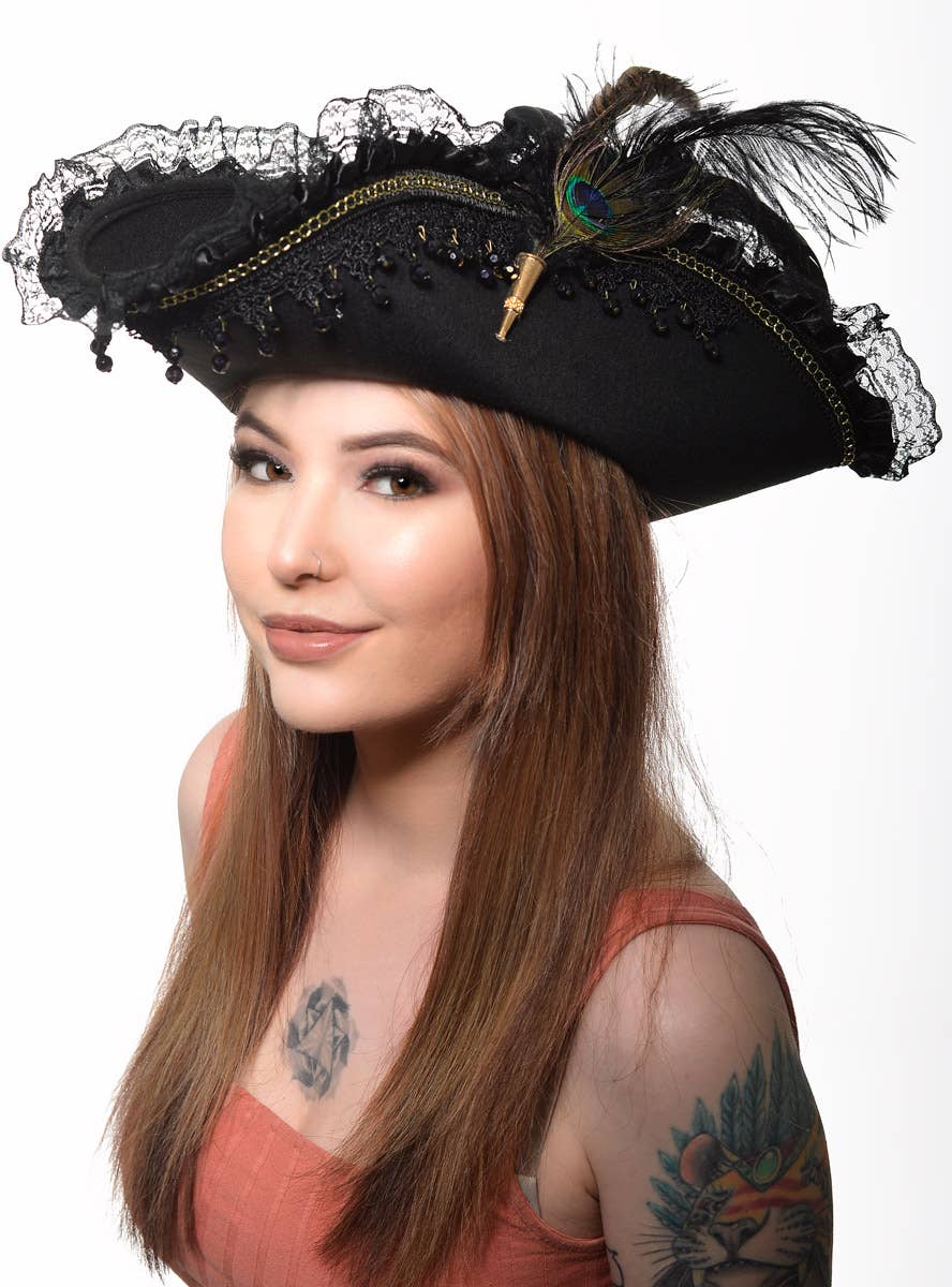 Womens Deluxe Black Pirate Hat with Lace and Feathers