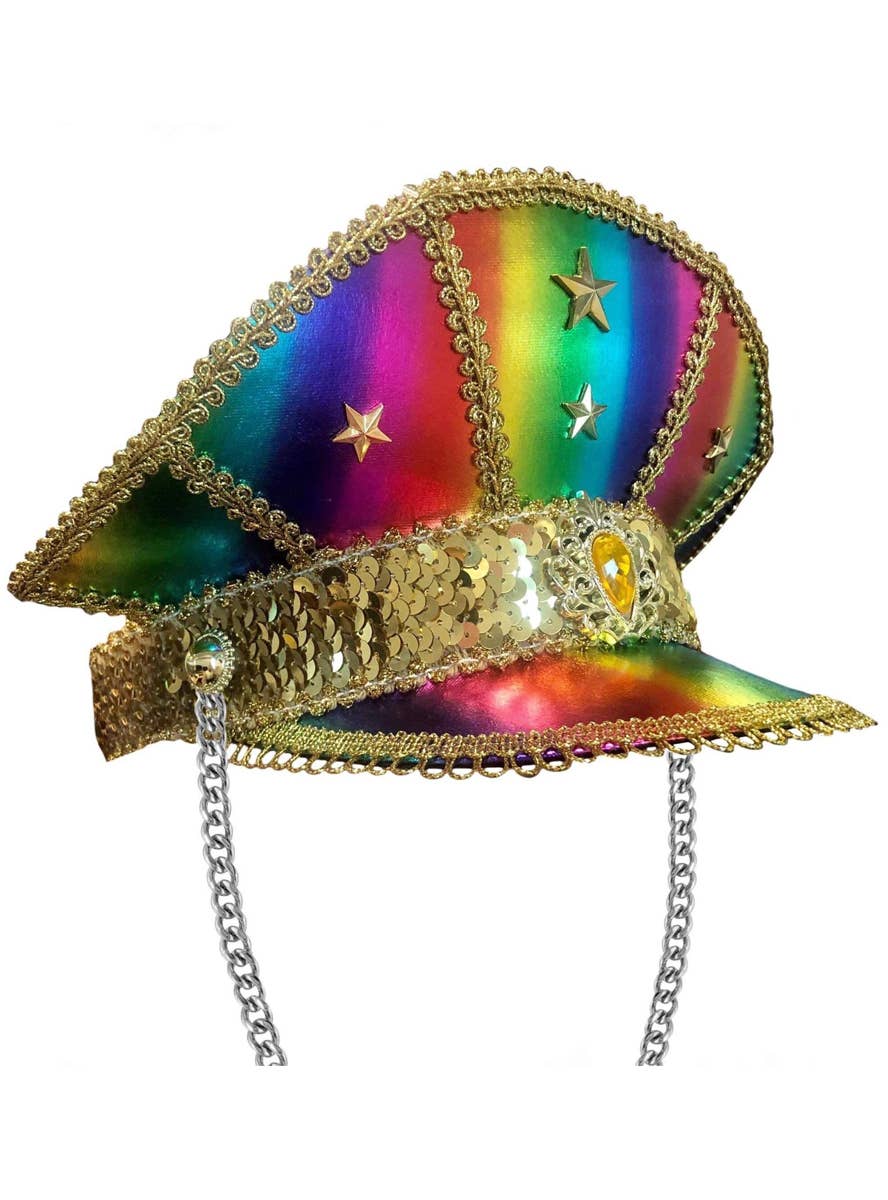 Rainbow and Gold Embellished Festival Cap with Chain