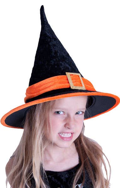 Kid's Orange and Black Velvet Witch Hat