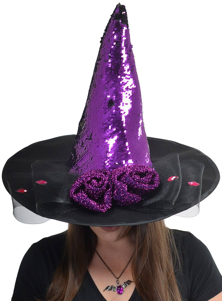 Purple Reversible Sequin Womens Witch Hat - Alternative Image