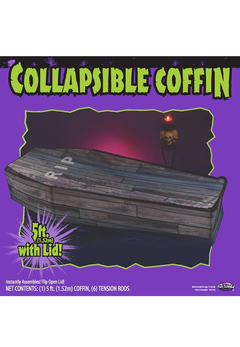 Collapsible Coffin Wood Grain Halloween Decoration with Lid and Tension Rods view 2