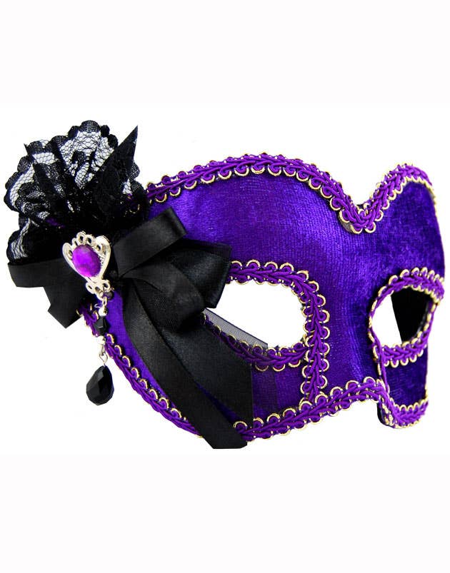 Purple Velvet Masquerade Mask With a Floral Side Bow on Glasses View 2