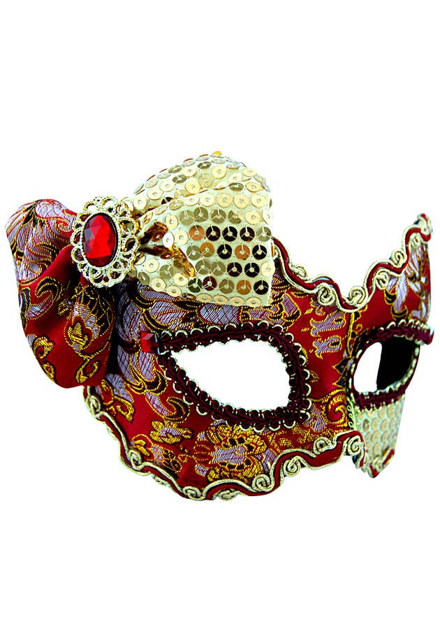 Decorative Red and Gold Brocade Masquerade Mask with Lace and Sequin Details