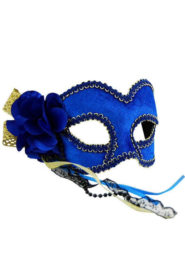 Royal Blue Velvet Masquerade Mask with Decorative Floral Side Bow - Alternate Image