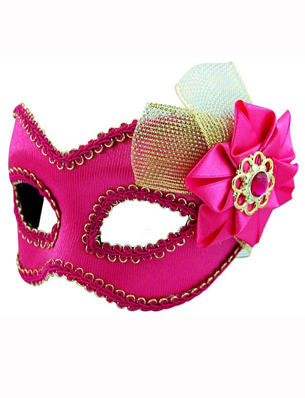 Floral Hot Pink and Gold Braided Fabric Masquerade Mask for Women View 2