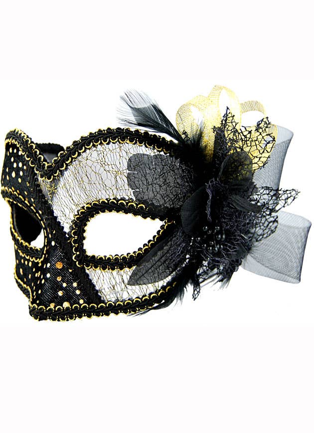 Sheer Black and Gold Masquerade Mask with Decorative Floral Trimmings 