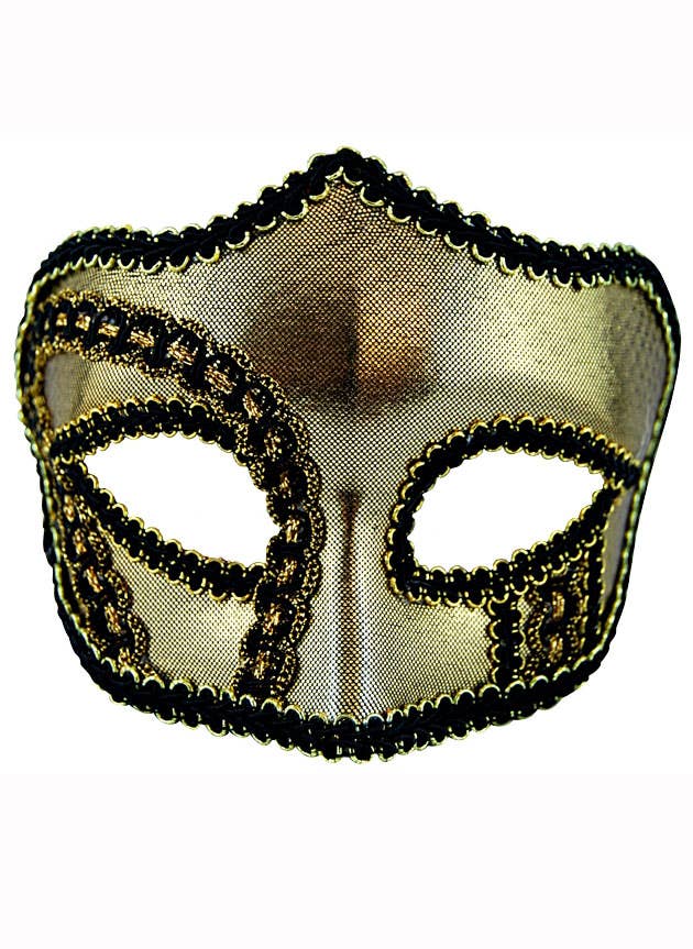 Metallic Gold Masquerade Mask with Gold and Black Trim on Glasses