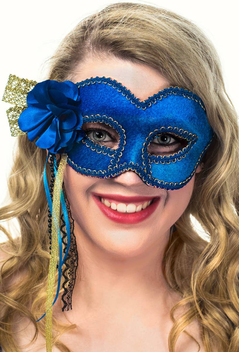 Royal Blue Velvet Masquerade Mask with Decorative Floral Side Bow - Main Image
